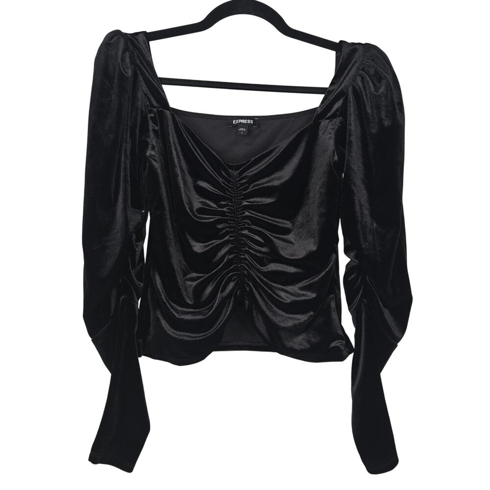 Express Top Womens Small Black Velvet Square Neck Ruched Puff Sleeve Blouse